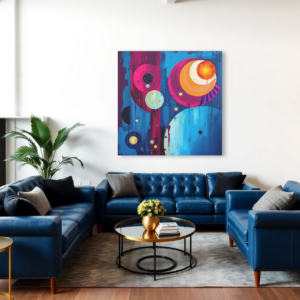 Canvas art featuring vibrant abstract shapes and bold colors, displayed above two blue sofas in a modern living room.