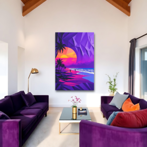 Canvas art featuring a stylized beach scene with warm sunset hues, displayed above two purple sofas in a modern living room.