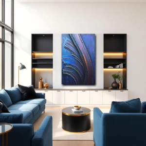 Canvas art featuring dynamic lines and textured abstract design, displayed above a white cabinet in a modern living room.