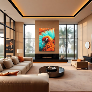 A living room with a beige sofa and a canvas print featuring a close-up of a bird with vibrant orange and teal plumage.