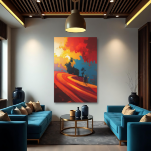 A living room with blue sofas and a canvas print featuring a sunset road landscape with warm orange and red tones.