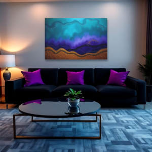 A living room with a black sofa and a canvas print featuring an abstract landscape with teal, purple, and gold tones.