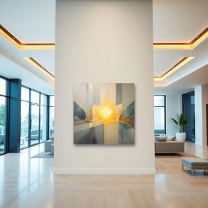 A modern interior with a square canvas print featuring abstract geometric shapes and a central yellow light source.