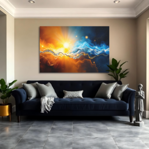 Canvas art featuring a celestial landscape with opposing elements and vibrant colors, displayed above a dark blue sofa in a modern living room.