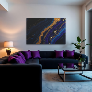 Canvas art featuring elegant abstract flowing lines with gold accents, displayed above a dark gray sofa in a modern living room.