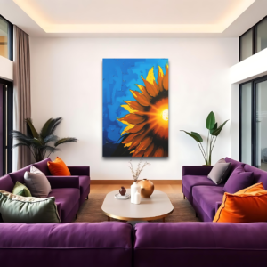 Canvas art featuring a vibrant sunflower with radiant light, displayed above two purple sofas in a modern living room.