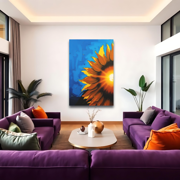 Canvas art featuring a vibrant sunflower with radiant light, displayed above two purple sofas in a modern living room.