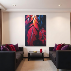 Canvas art featuring a close-up of vibrant red and blue feathers, displayed between two gray sofas in a modern living room.