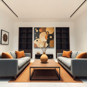 Interior design photo of a room with symmetrical gray sofas and a canvas print depicting a composition of overlapping circles in neutral hues.