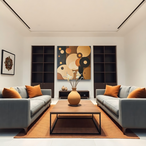 Interior design photo of a room with symmetrical gray sofas and a canvas print depicting a composition of overlapping circles in neutral hues.