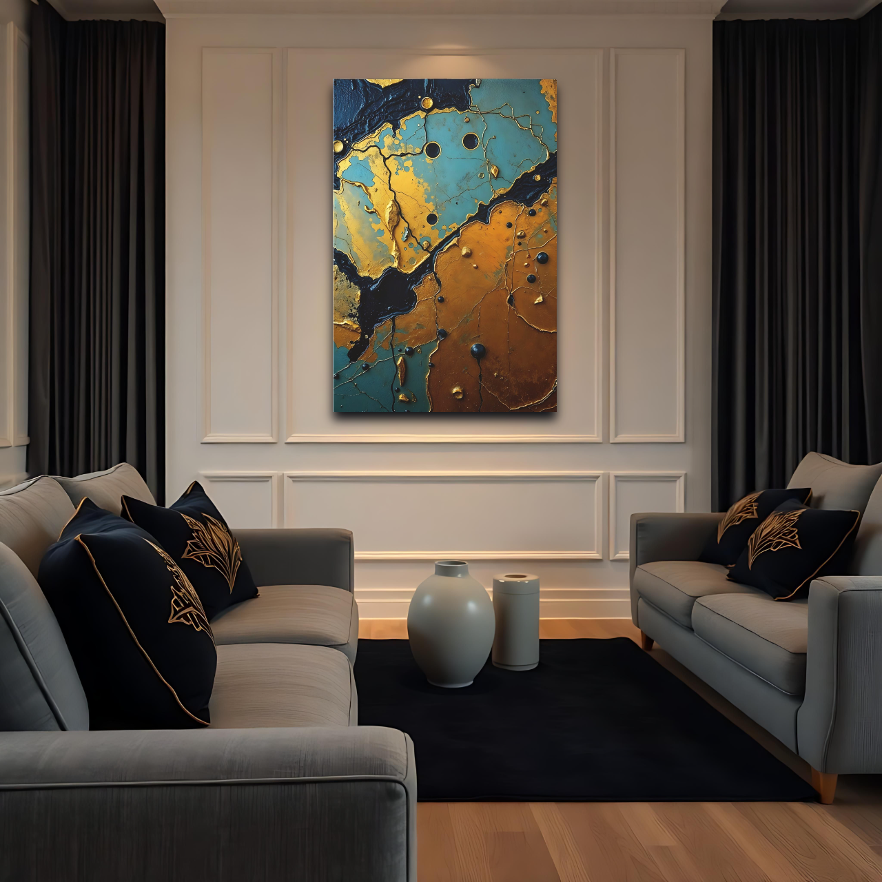 Canvas art featuring textured earth tones and intricate details, displayed above two gray sofas in a modern living room.