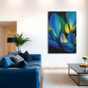 Canvas art featuring soft colors and organic floral shapes, displayed above a blue sofa in a modern living room.