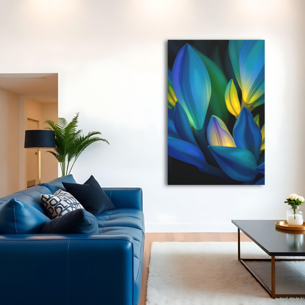 Canvas art featuring soft colors and organic floral shapes, displayed above a blue sofa in a modern living room.