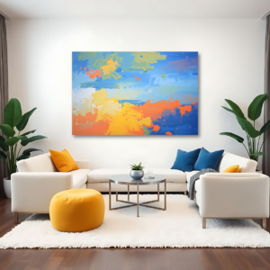 Canvas art featuring vibrant colors and expressive composition in an abstract expressionism style, displayed above a white sofa in a modern living room.