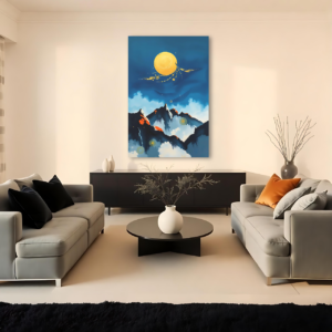 A living room with gray sofas and a canvas print featuring a mountain landscape with a yellow sun and blue tones.
