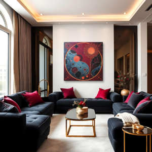 A living room with dark sofas and a square canvas print featuring a mandala design with intricate patterns and harmonious colors.