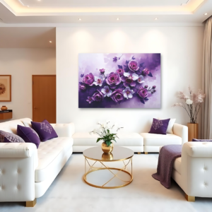 A living room with white sofas and a canvas print featuring a floral bouquet with purple and white blooms.
