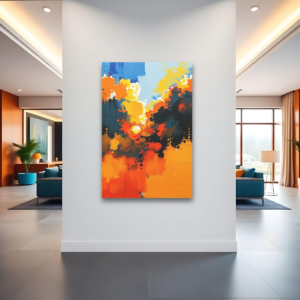 Canvas art featuring vibrant colors and expressive abstract composition, displayed on a white wall in a modern hallway.