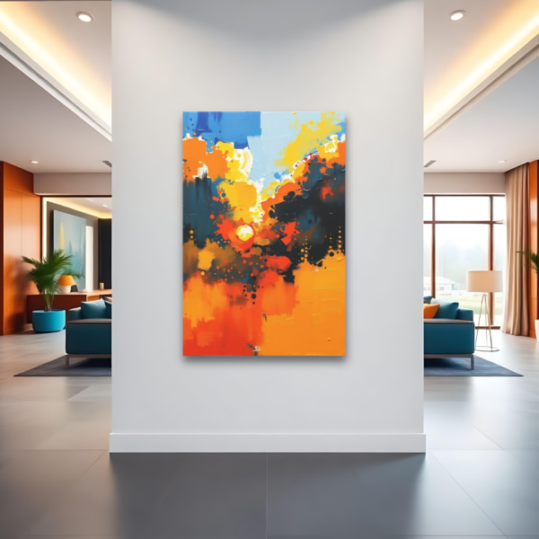 Canvas art featuring vibrant colors and expressive abstract composition, displayed on a white wall in a modern hallway.