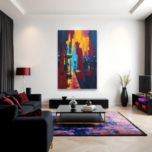 Canvas art depicting a moody rainy night cityscape with shimmering reflections, displayed above a black sofa in a modern living room.