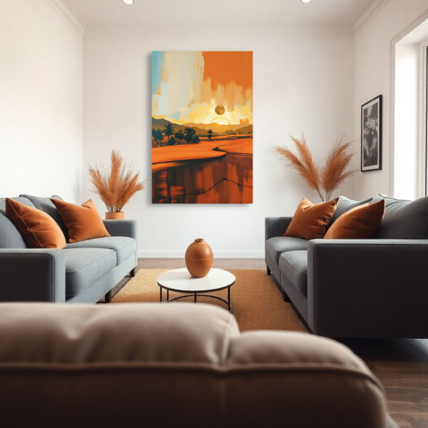 Canvas art depicting a golden sunset landscape with warm hues, displayed above two gray sofas in a modern living room.