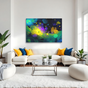 A living room with a white sectional sofa and a canvas print featuring an abstract splatter design with vibrant yellow, blue, green, and purple colors.