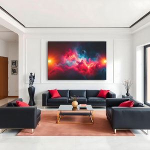 Canvas art featuring vibrant colors and swirling patterns of a celestial nebula, displayed above a black sofa in a modern living room.