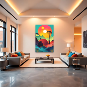 Canvas art featuring a whimsical landscape with vibrant colors and surreal elements, displayed above two gray sofas in a modern living room.