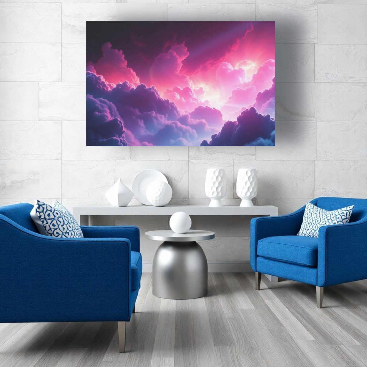 A living room with blue armchairs and a canvas print featuring a dramatic cloudscape with pink and purple hues.