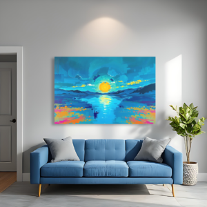 A living room with a blue sofa and a canvas print featuring a vibrant sunset view over tranquil waters.