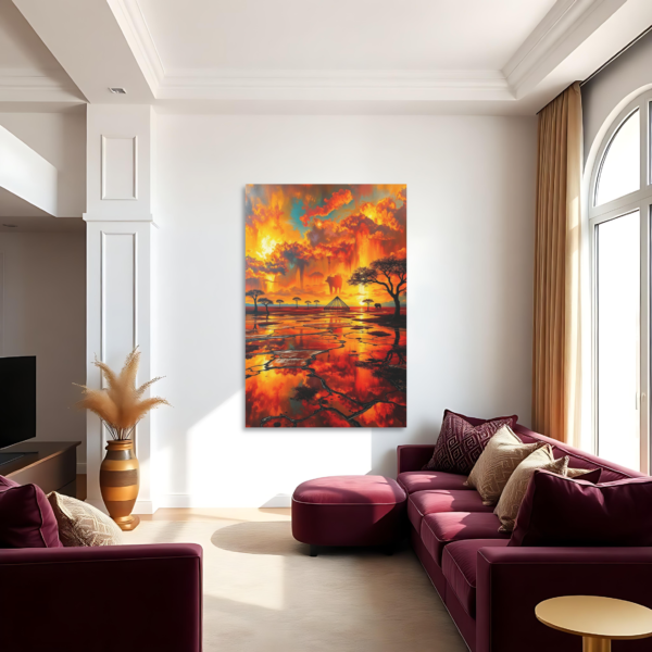 Canvas art depicting a vibrant African sunset with fiery orange and red hues reflected in water, displayed above a burgundy sofa in a modern living room.