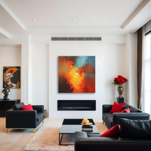 Modern living room with abstract canvas print featuring orange, yellow, blue, and black hues, above a black fireplace