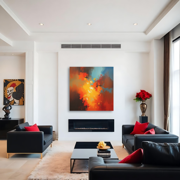 Modern living room with abstract canvas print featuring orange, yellow, blue, and black hues, above a black fireplace