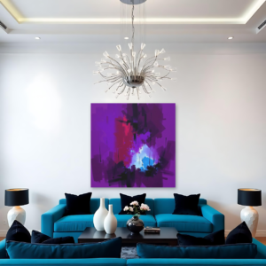 Abstract purple and blue canvas art above a teal sofa, with a modern crystal chandelier