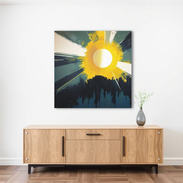 Abstract sun canvas art above wooden sideboard in modern room