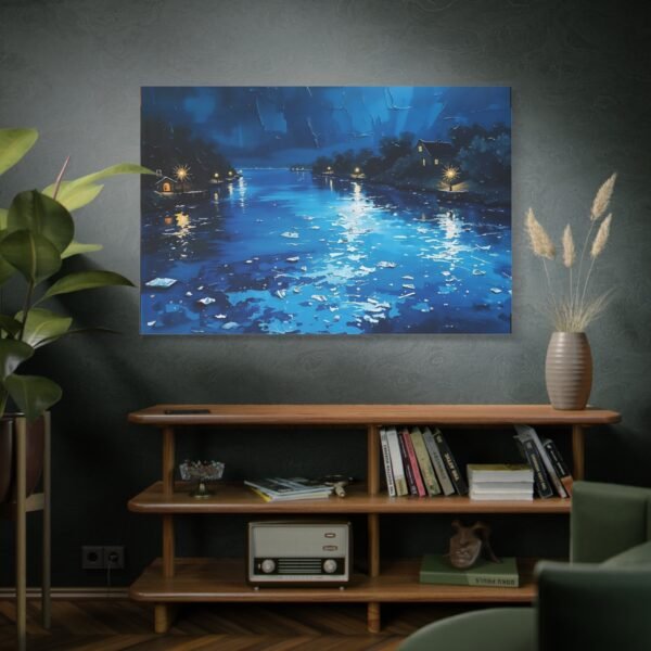 Serene Night River Scene Canvas Print - Tranquil Blue Waters and Cozy Riverside Homes - Image 5