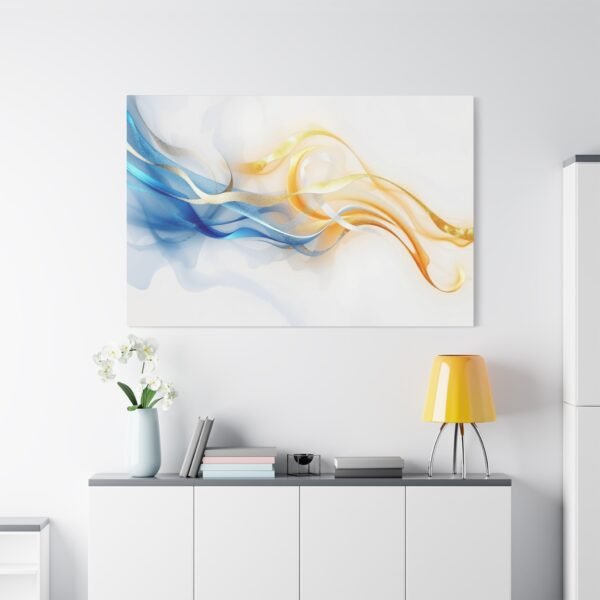 Elegant Abstract Art: Flowing Blue and Gold Ribbons on White Background Canvas Print - Image 2