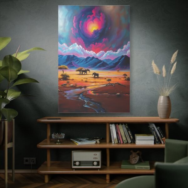 Vibrant Sunset Safari - Majestic Elephants in Colorful Desert Landscape Canvas Wall Art Print - Image 5