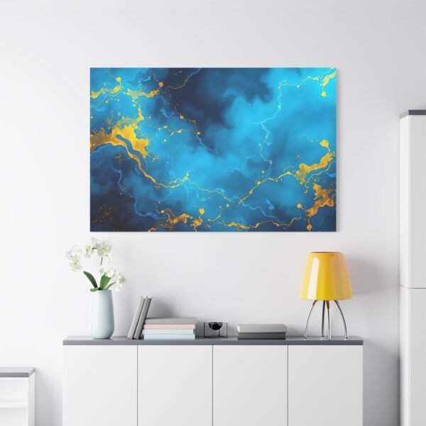 Stunning Abstract Art: Blue and Gold Fluid Dynamics Canvas Art Print - Image 2