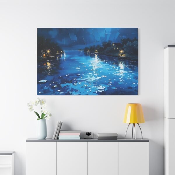 Serene Night River Scene Canvas Print - Tranquil Blue Waters and Cozy Riverside Homes - Image 2
