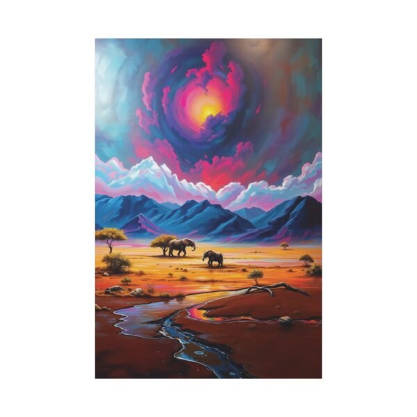 Vibrant Sunset Safari - Majestic Elephants in Colorful Desert Landscape Canvas Wall Art Print - Image 3