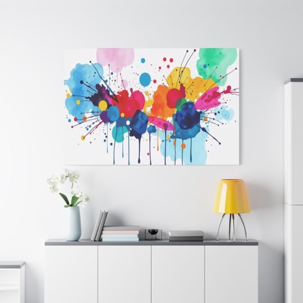 Vibrant Abstract Art: Colorful Paint Splashes and Drips on Canvas Canvas Print - Image 2