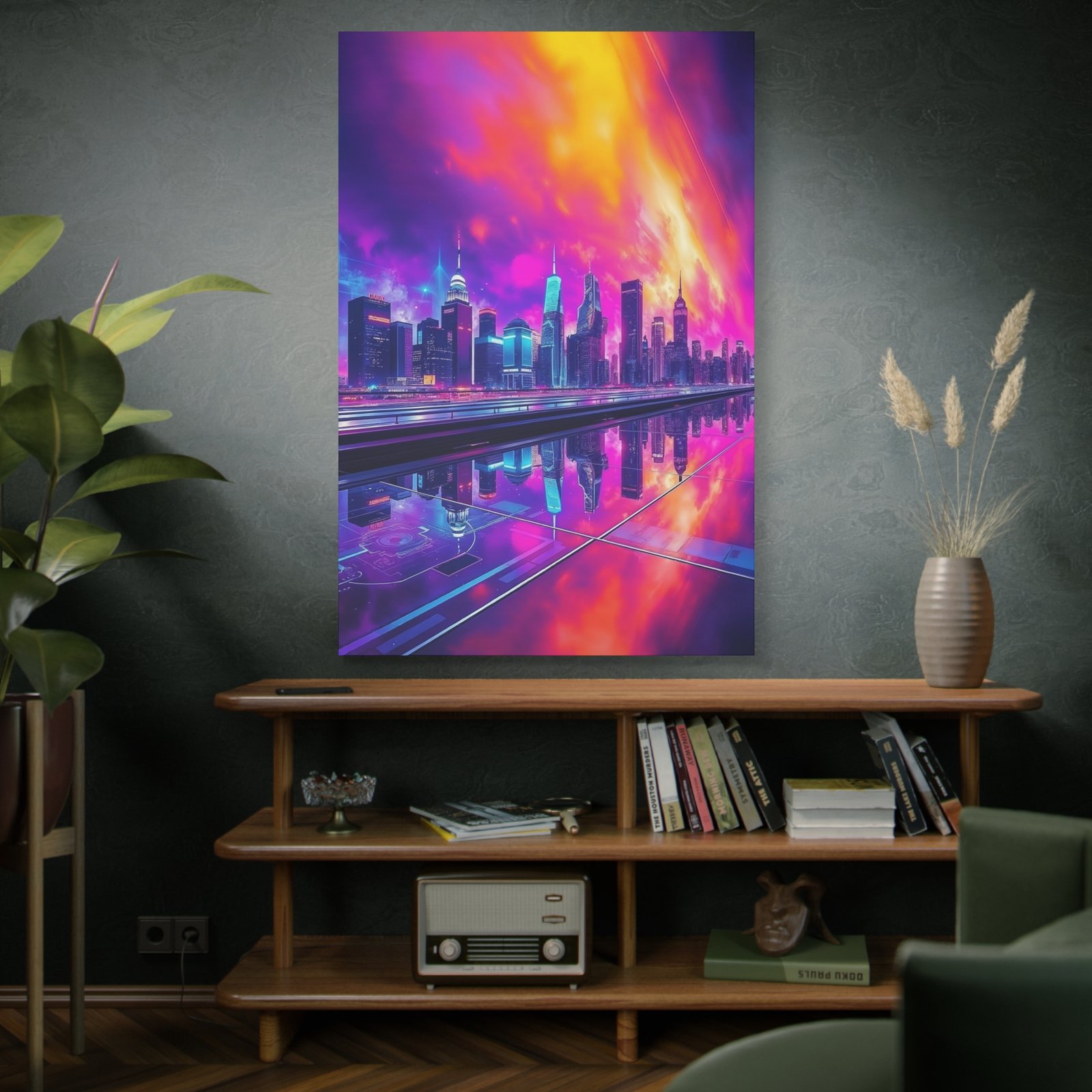 Vibrant Neon Cityscape Wall Art Canvas - Futuristic Skyline with Reflective Surface - Image 5
