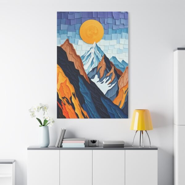 Stunning Abstract Mountain Landscape Canvas Wall Art Print with Vibrant Sun - Image 2