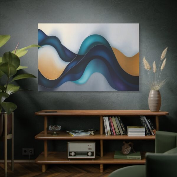 Abstract Wave Art: A Symphony of Blue and Gold Curves Canvas Print - Image 2