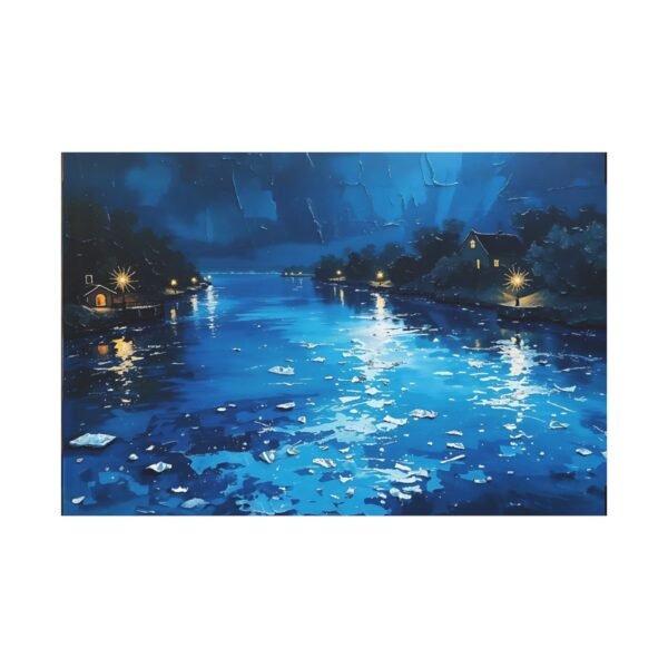 Serene Night River Scene Canvas Print - Tranquil Blue Waters and Cozy Riverside Homes - Image 3