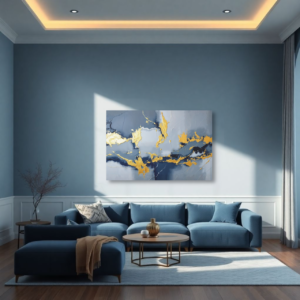 Large abstract canvas art with gold and blue accents, featured in a modern living room.
