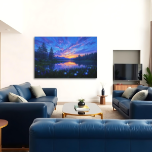 A living room with blue sofas and a canvas print featuring a sunset over a lake with trees and glowing lights.