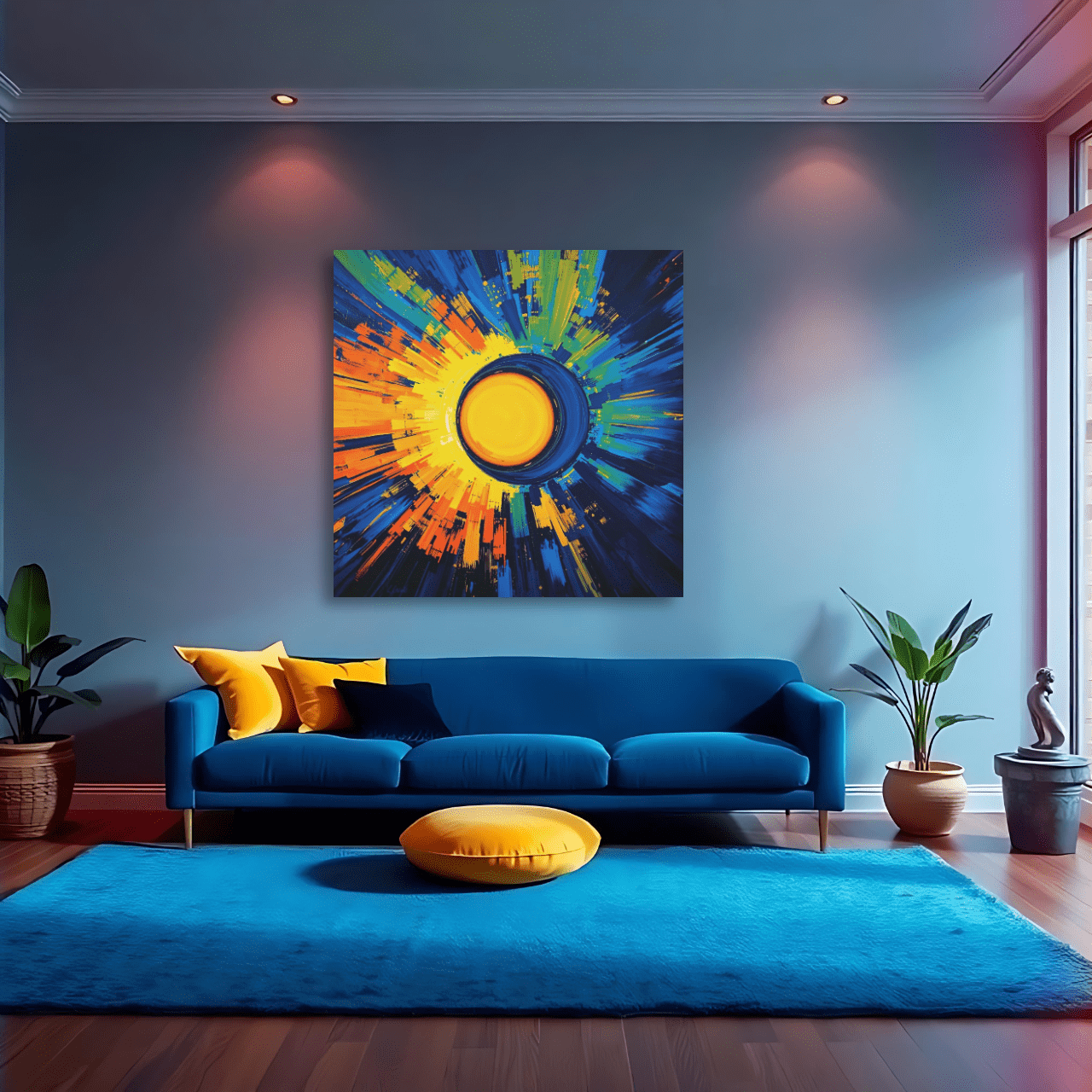 Canvas art featuring a colorful abstract sunburst design, displayed above a blue sofa in a modern living room with a blue accent wall.